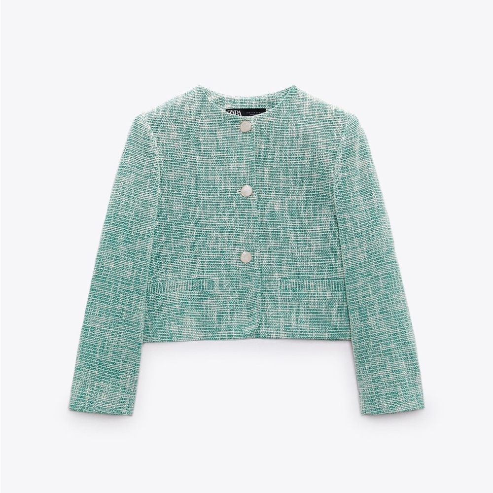 Zara Textured Crop Blazer - Green/White, Size S. Worn Once!